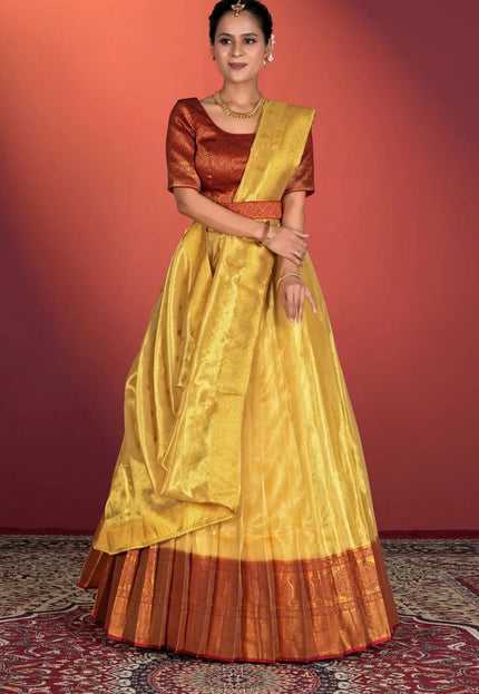 Yellow Tissue Silk Pattu Half Saree With Zari Woven - Gajiwala