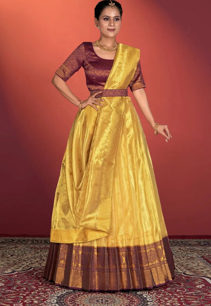 Yellow Tissue Silk Pattu Half Saree With Zari Woven - Gajiwala