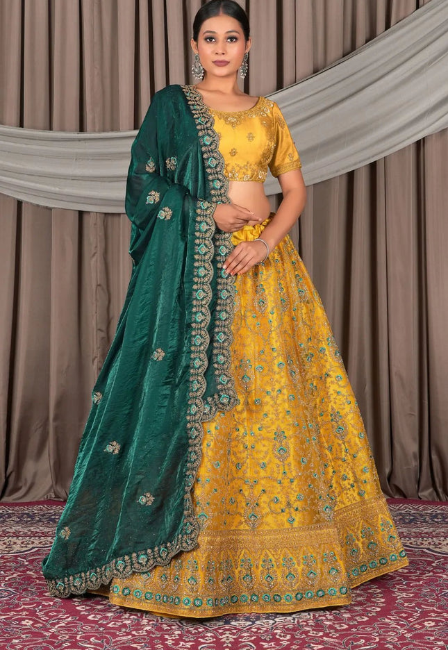Yellow Wedding Wear Embroidered Net Lehenga Choli For Women - Gajiwala